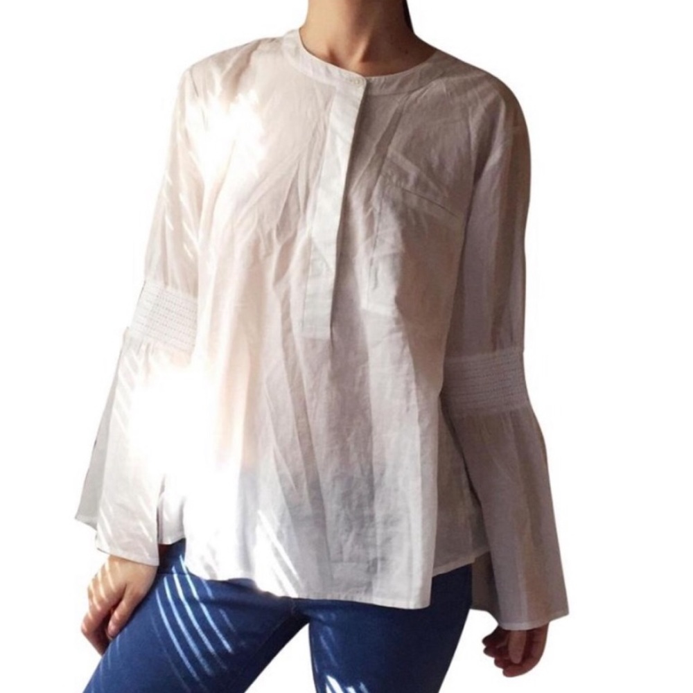 Theory Cotton Voile Smocked Popover Bell Flared Sleeves Blouse Top White Lge NWT